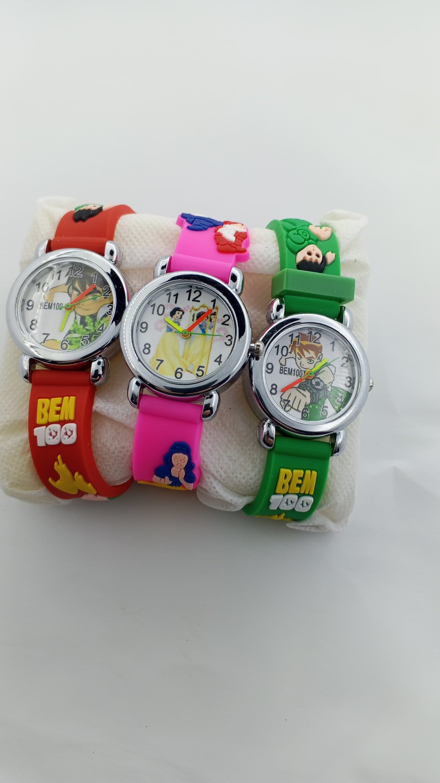 Kids Cartoon Character Dial and 3D Strap Watches - Set of 3 (Red, Pink, Green)