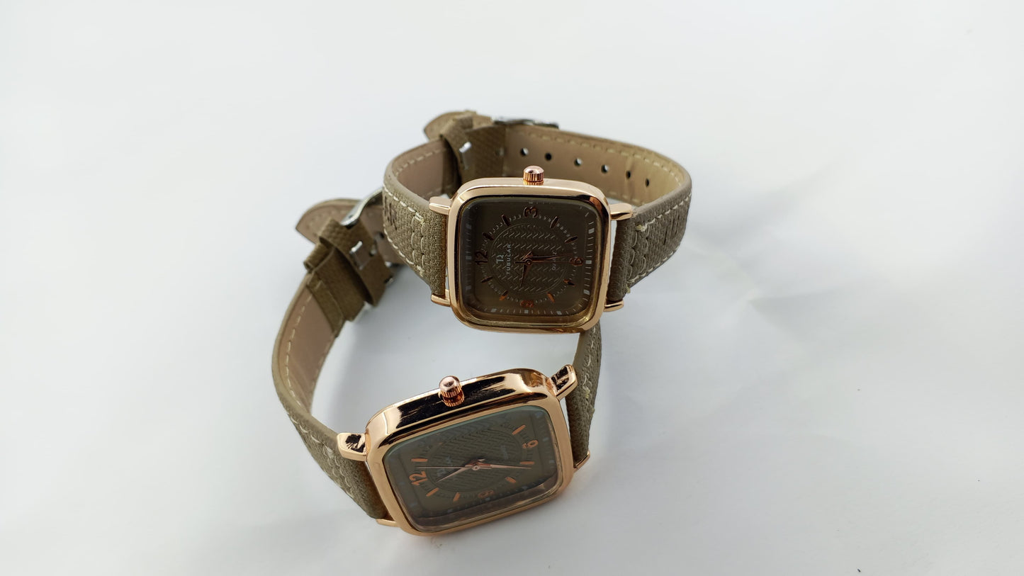 Luxury Couple Watch Set – Rose Gold Dial with Premium Leather Strap