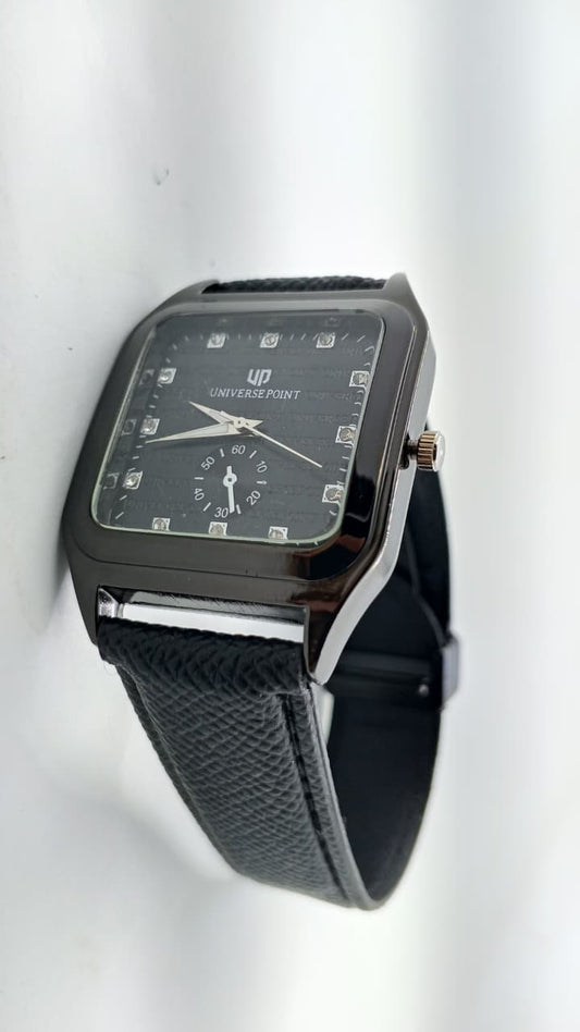 Premium Square-Dial Men's Watch with Diamond Index & Leather Strap