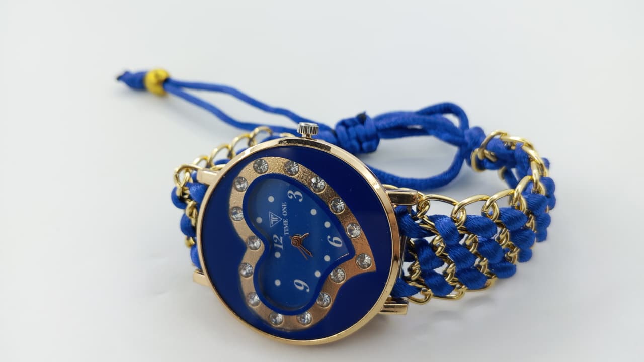 Timeone Premium Azure Collection – Women's Royal Blue Heart-Faced Gold Chain Bracelet Watch