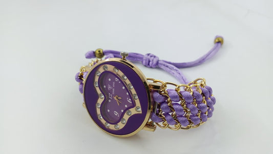 TimeOne Premium Violet Collection – Women's Purple Heart-Faced Gold Chain Bracelet Watch