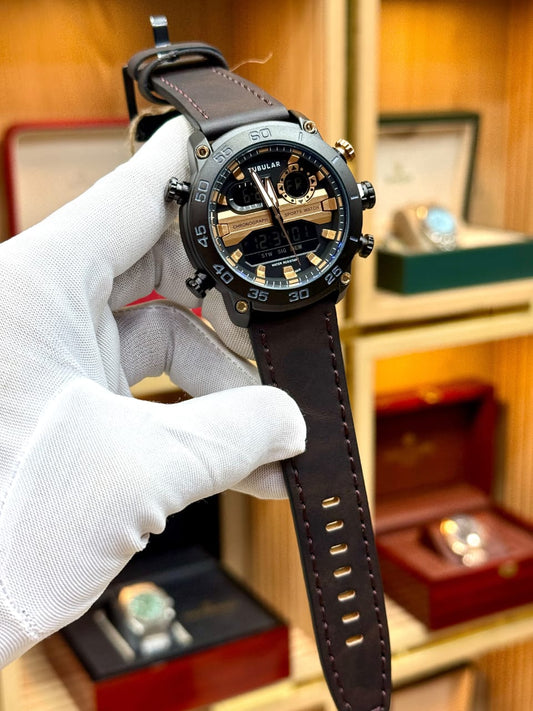 Tubular Dual Display Sports Watch – Black & Gold | Premium Leather Strap