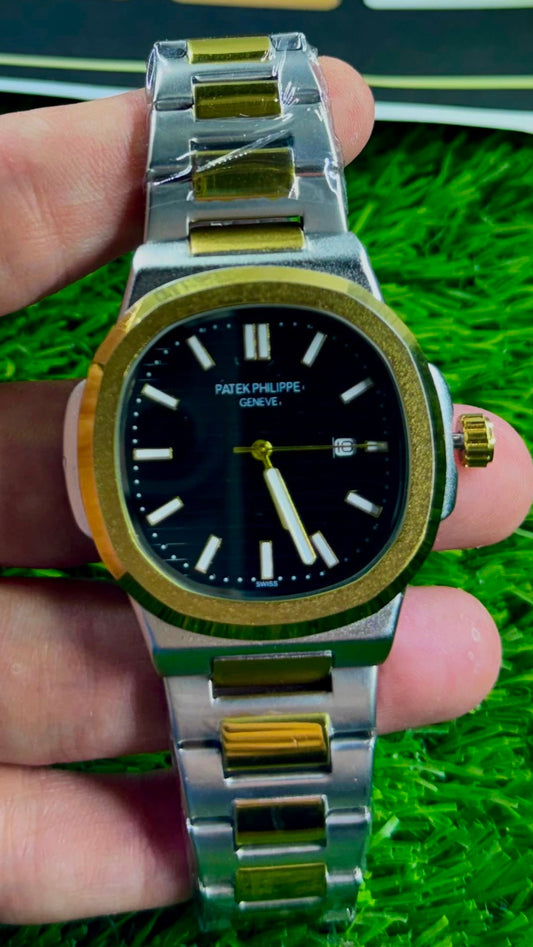 PP Two-Tone Stainless Steel Analog Watch with Black Dial