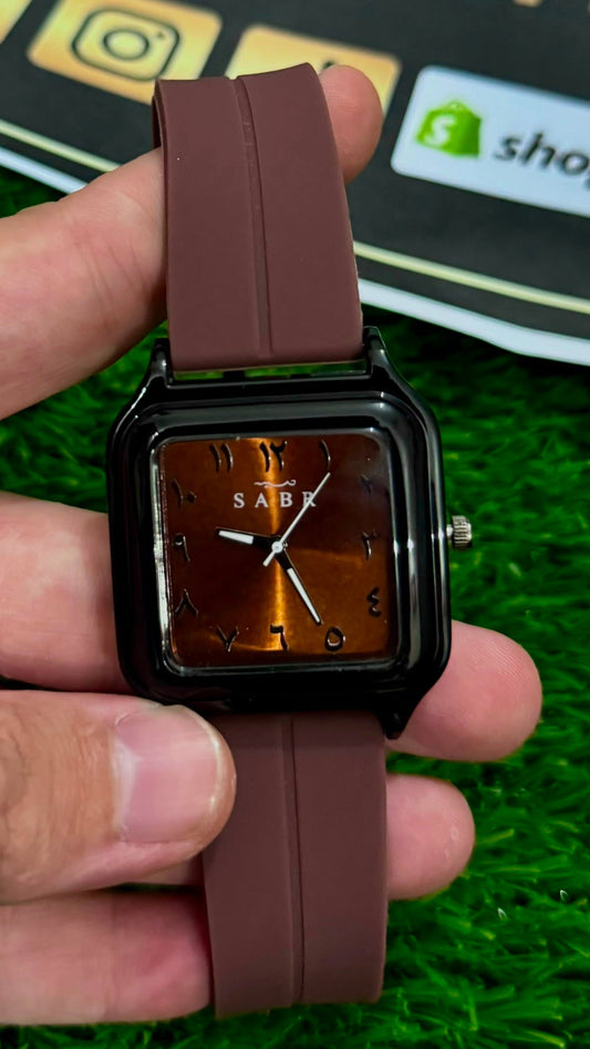 SABR Square Arabic Dial Quartz Watch for Men & Women - Brown Dial & Silicone Strap
