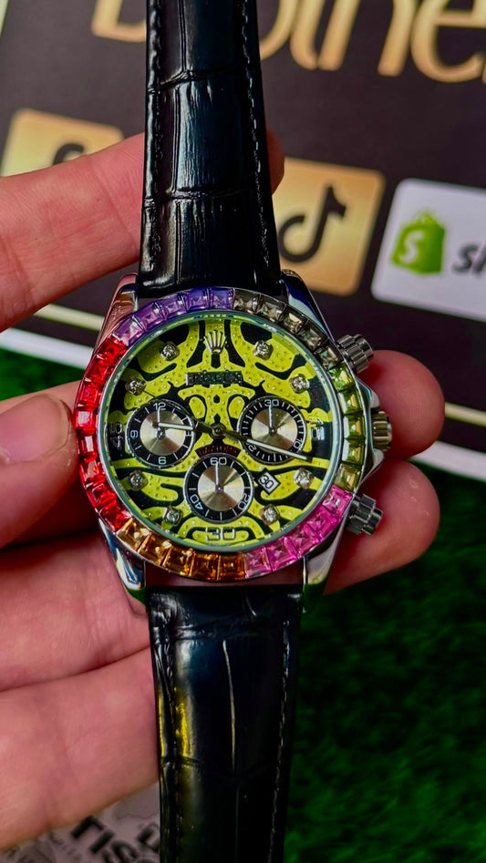RLX Black Dial Chronograph Watch with Rainbow Bezel & Black Leather Strap