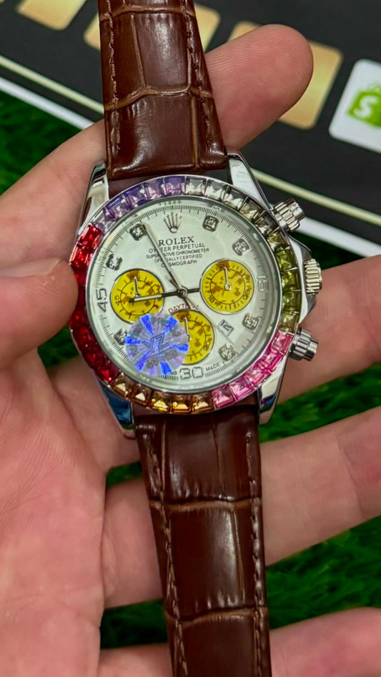 RLX Men's Rainbow Quartz Watch – Brown Leather Strap | White Dial with Gold Case