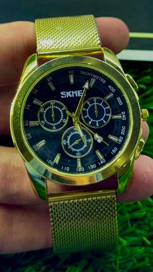 SKMEI Gold Quartz Watch for Men - Black Dial & Mesh Stainless Steel Strap