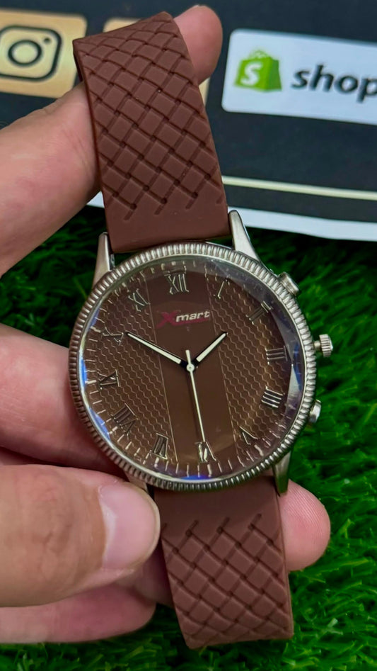 Xmart Casual Quartz Watch for Men - Brown Patterned Dial & Textured Rubber Strap