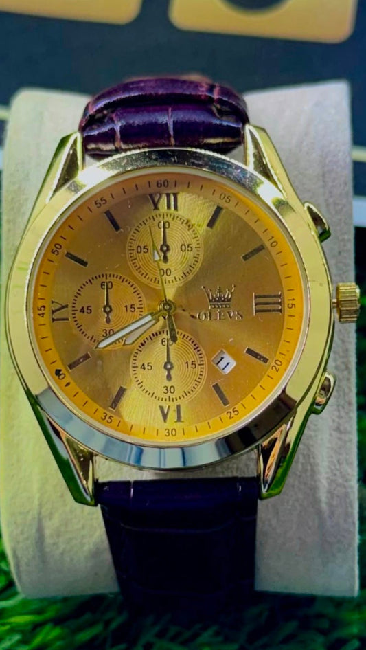OLEVS Gold Dial Chronograph Quartz Watch for Men - Brown Crocodile Leather Strap