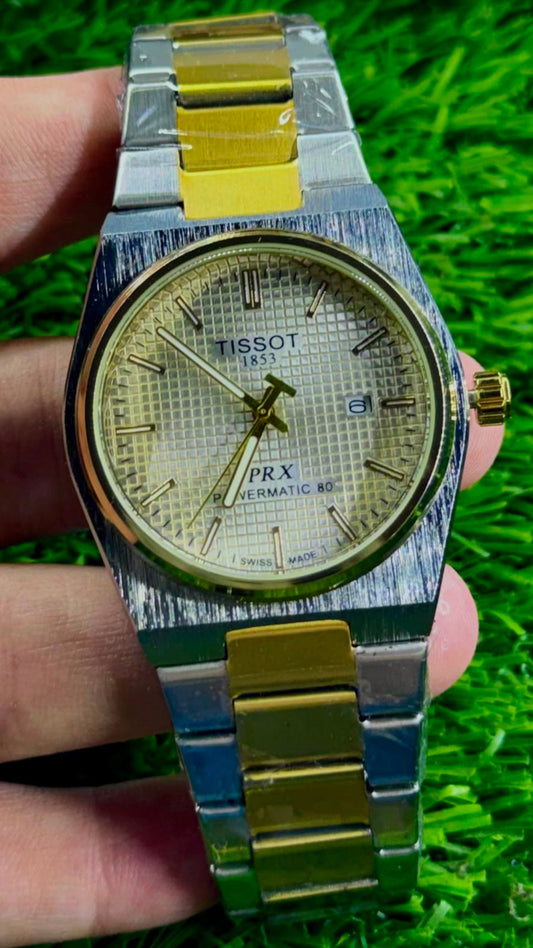 Tst PRX Powermatic 80 Dual Tone Stainless Steel Watch for Men - Gold & Silver Waffle Dial