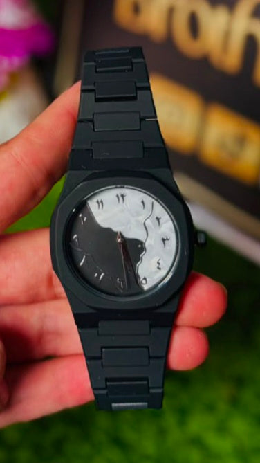 Arabic Dial Geometric Watch - Matte Black & White Dual Tone Integrated Bracelet