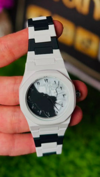Arabic Dial Geometric Watch - Matte Black & White Dual Tone Integrated Bracelet