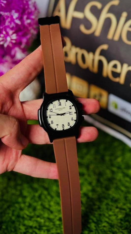 PP Classic Brown Silicone Strap Analog Watch with Date Display