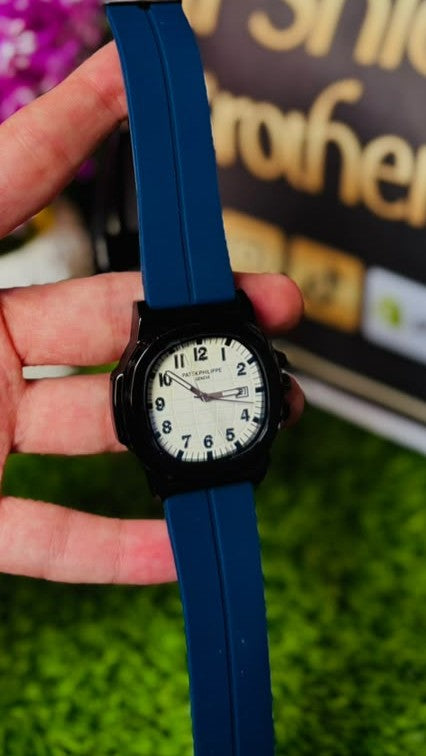 PP Blue Silicone Strap Classic Analog Watch with White Dial