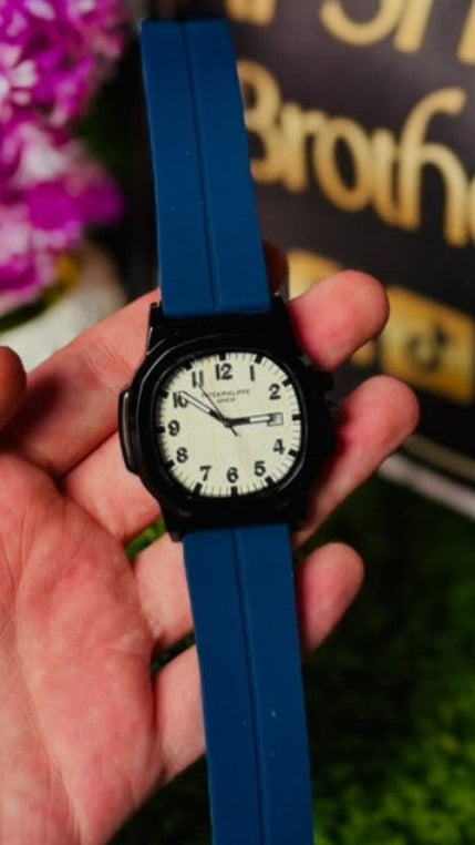 PP Blue Silicone Strap Classic Analog Watch with White Dial