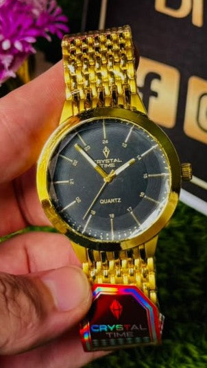 Crystal Time Full Gold Metallic Watch: Classic Round Bezel with Textured Black Dial & 24-Hour Markers