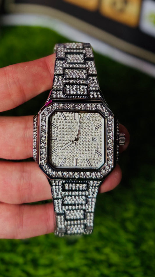 PP Style Full Iced-Out Diamond Watch for Men - Fully Studded Square Dial & Bracelet