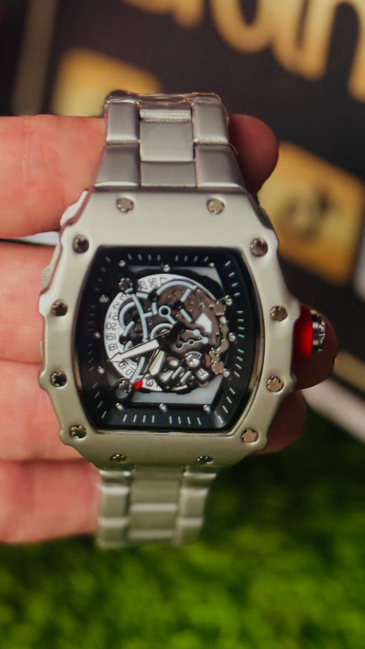 HB Men Luxury Silver Skeleton Watch for Men – Tonneau Stainless Steel Strap