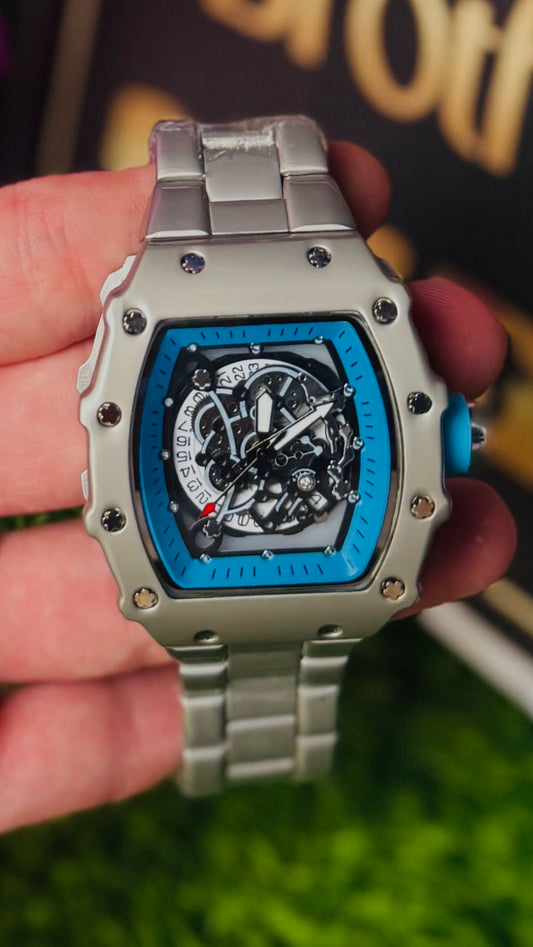 HB Skeletal Tonneau-Case Sports Watch with Light Blue Inner Bezel