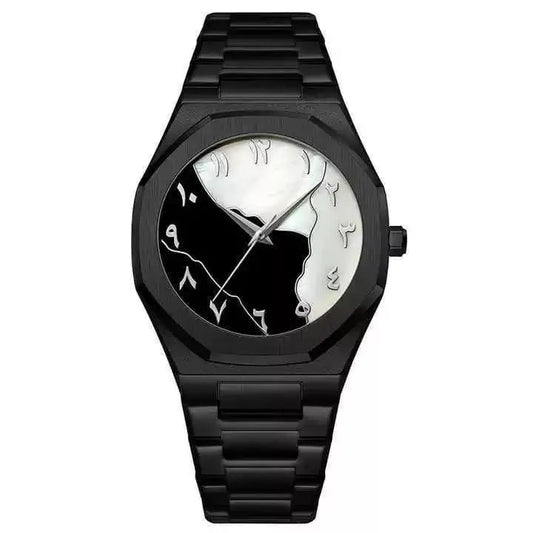 Arabic Dial Geometric Watch - Matte Black & White Dual Tone Integrated Bracelet