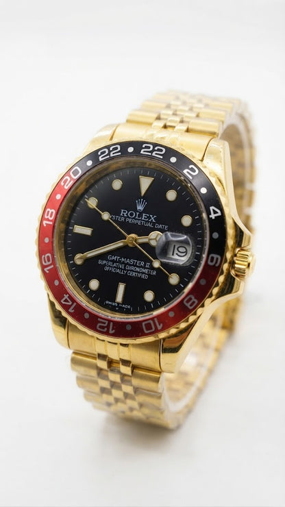 RLX Premium Gold Tone GMT-Master II Style Luxury Watch with Rotating Bezel