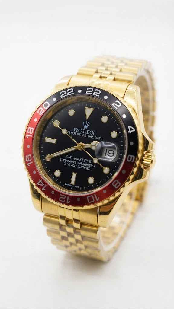 RLX Premium Gold Tone GMT-Master II Style Luxury Watch with Rotating Bezel