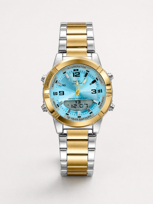 Dual Display Men's Watch – Gold & Silver Strap (Sky Blue Dial)