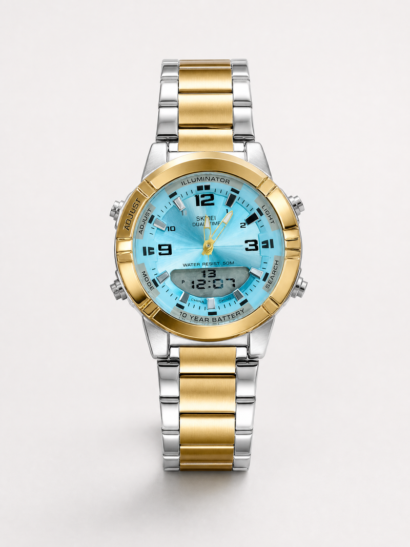 Dual Display Men's Watch – Gold & Silver Strap (Sky Blue Dial)