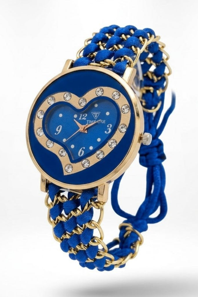 Timeone Premium Azure Collection – Women's Royal Blue Heart-Faced Gold Chain Bracelet Watch