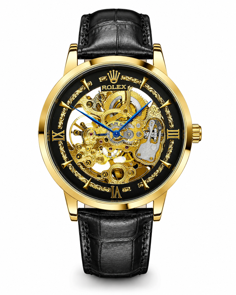 RLX  full automatic Skeleton Dial Men's Analog Watch – Gold Tone Case with Premium Leather Strap Black