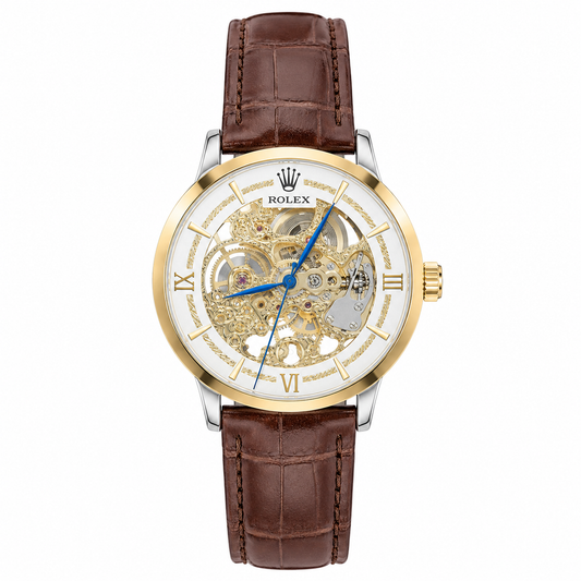 RLX Skeleton Dial Men's Analog Watch – Gold Tone Case with Premium Leather Strap Brown