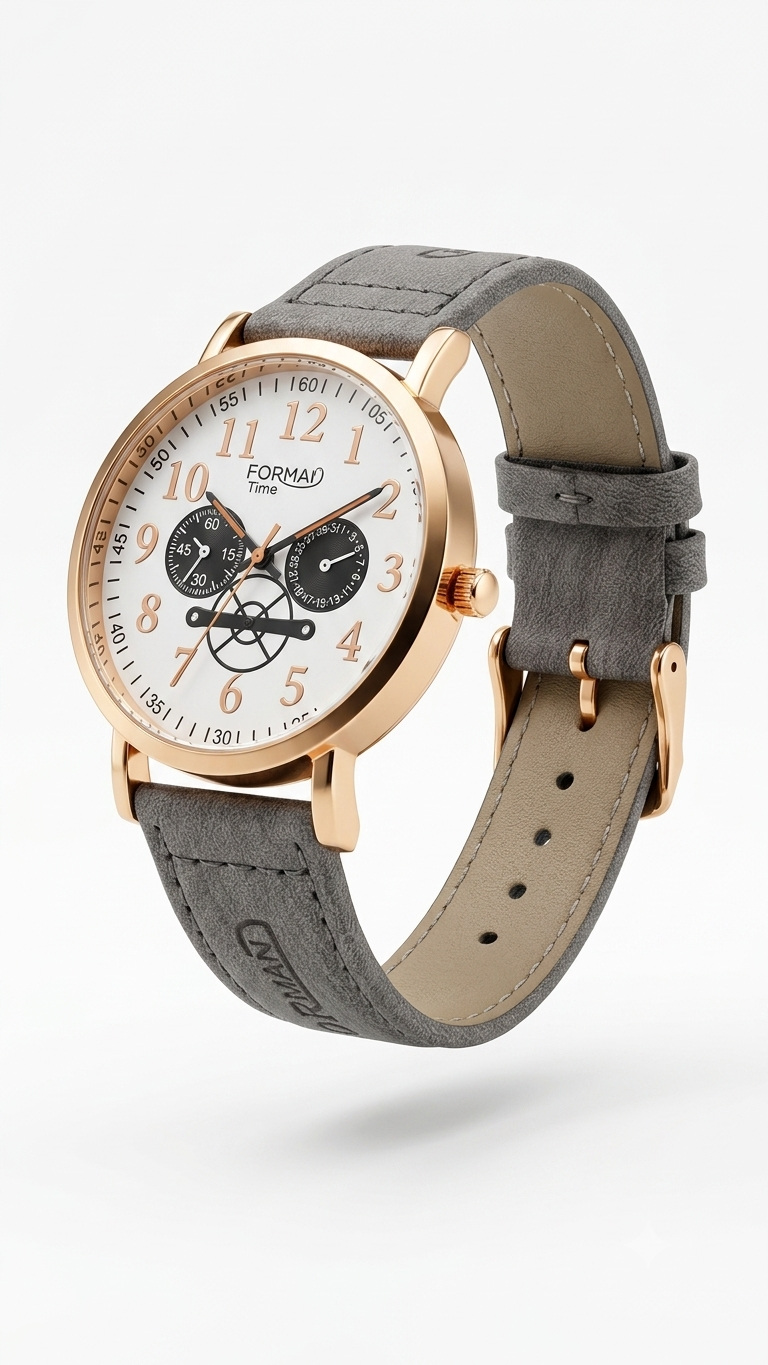 FORMAN Time Casual Luxury Men’s Watch – Rose Gold Case with Grey Textured Leather Strap