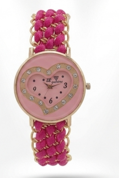Timeone Fuchsia Collection – Women's Hot Pink Heart-Faced Gold Chain Bracelet Watch