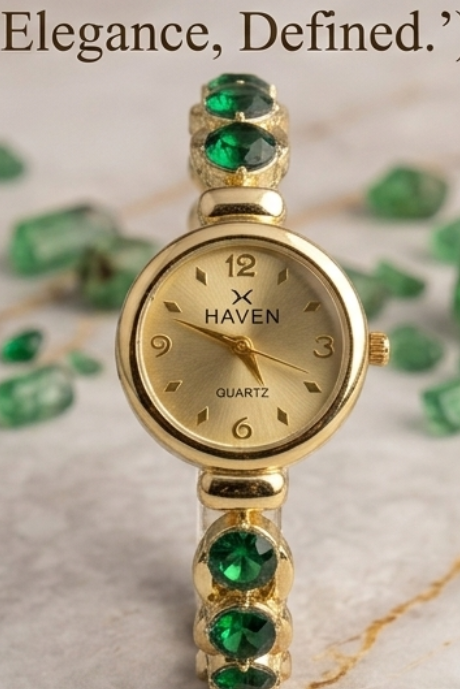 HAVEN Luxury Emerald Bracelet Series – Premium Gold & Green Stone Quartz Watch for Women