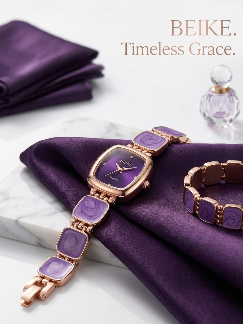 Beike Elegant Rose Gold Tone Ladies Bracelet Watch with Purple Accents