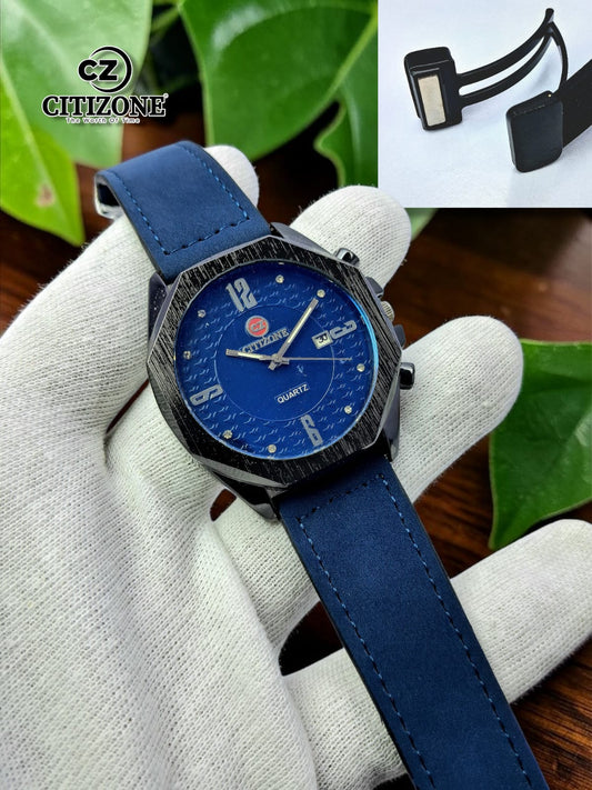 Citizone Premium Quartz Octagonal Dial Watch with Textured Strap