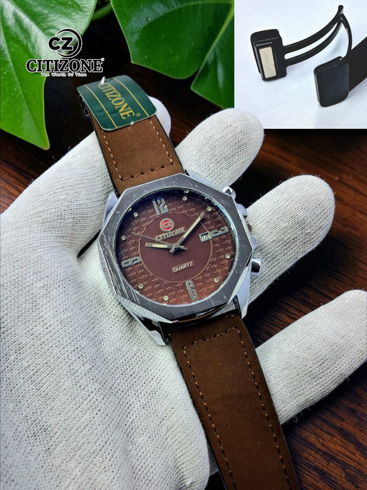 Citizone Premium Quartz Octagonal Dial Watch with Textured Strap