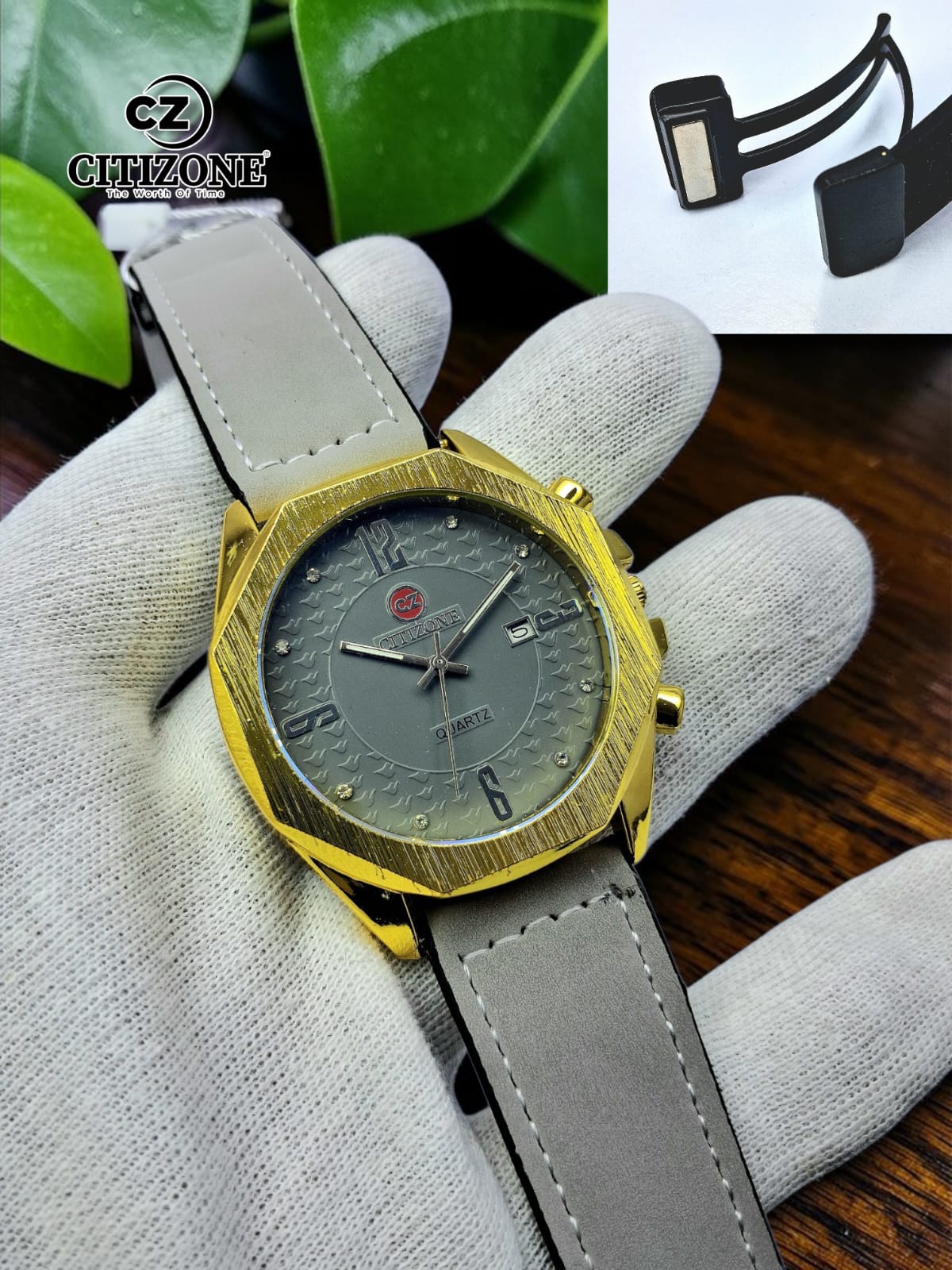 Citizone Premium Quartz Octagonal Dial Watch with Textured Strap