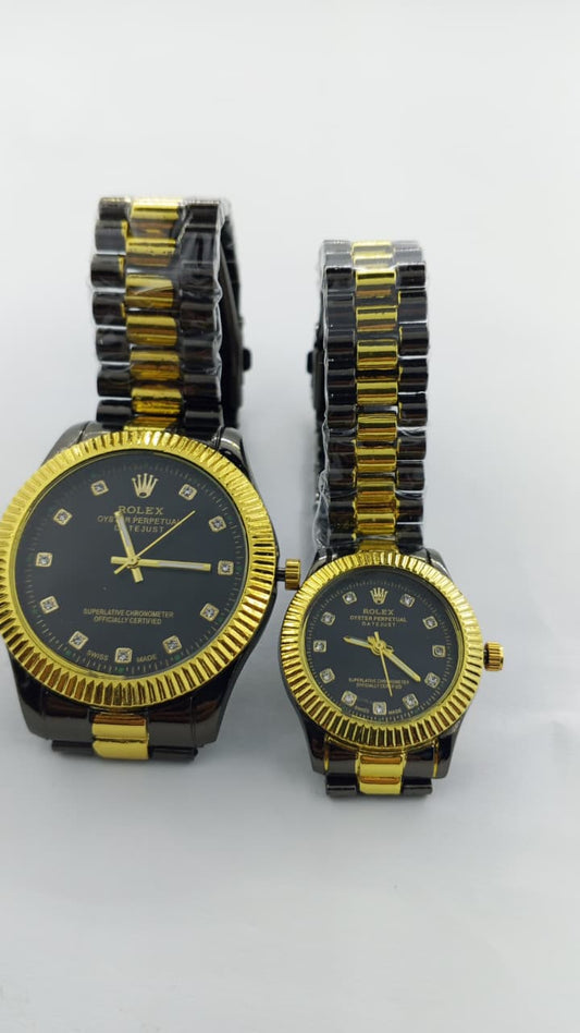 RLX His & Hers Couple Watch Set – Black & Gold Stainless Steel Analog Watches