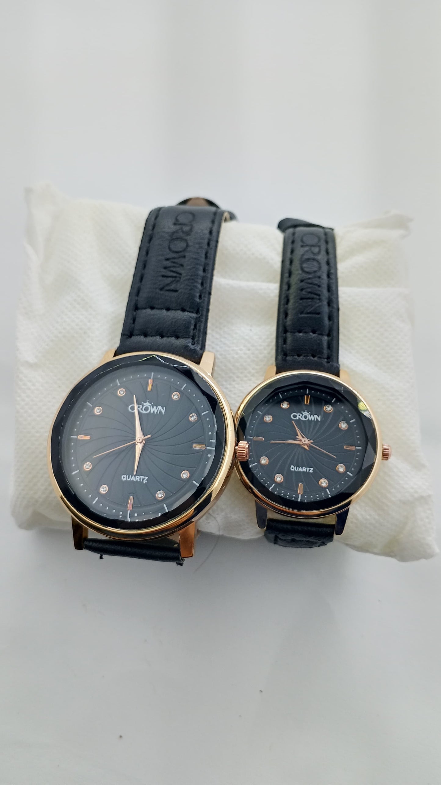 Crown Couple Watch Set – Rose Gold Black Dial with Premium Leather Strap