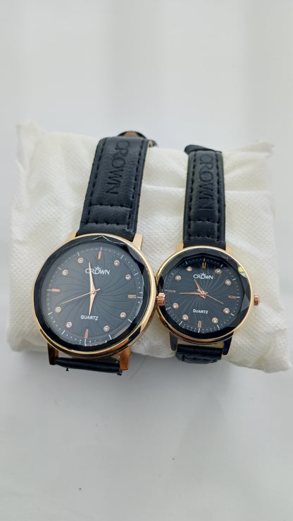 Crown Couple Watch Set – Rose Gold Black Dial with Premium Leather Strap