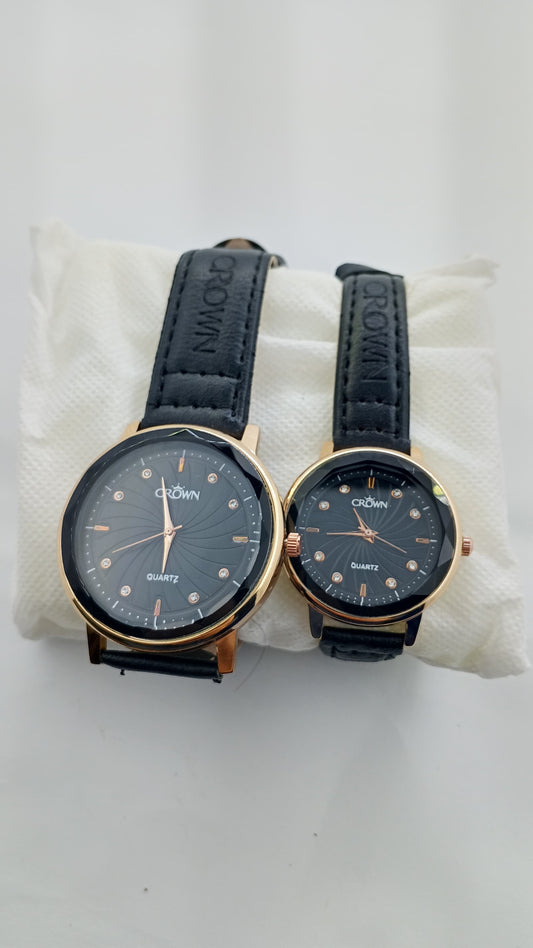Crown Couple Watch Set – Rose Gold Black Dial with Premium Leather Strap