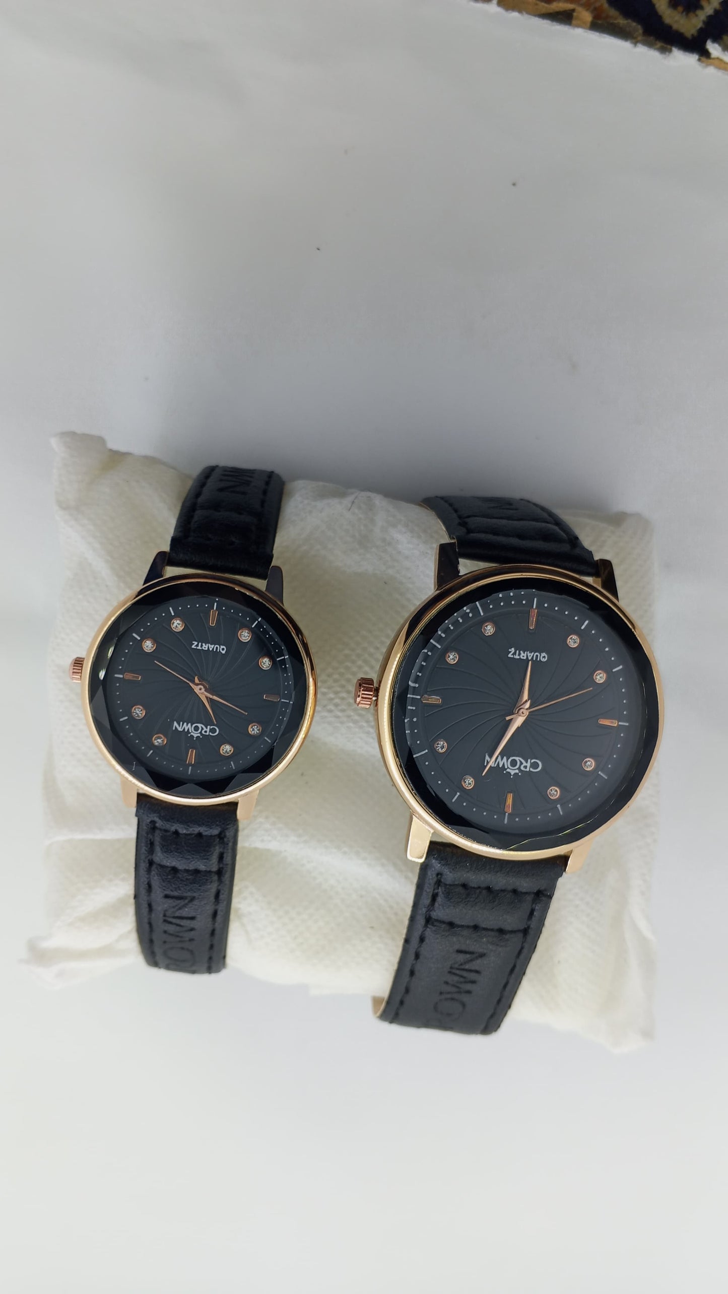 Crown Couple Watch Set – Rose Gold Black Dial with Premium Leather Strap