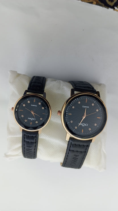 Crown Couple Watch Set – Rose Gold Black Dial with Premium Leather Strap