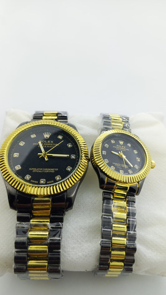 RLX His & Hers Couple Watch Set – Black & Gold Stainless Steel Analog Watches