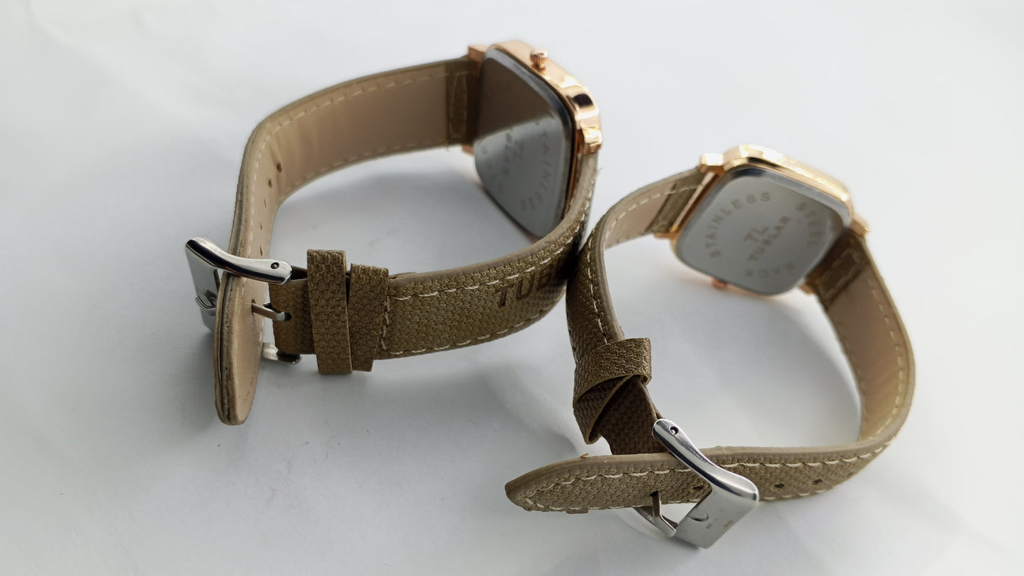 Luxury Couple Watch Set – Rose Gold Dial with Premium Leather Strap