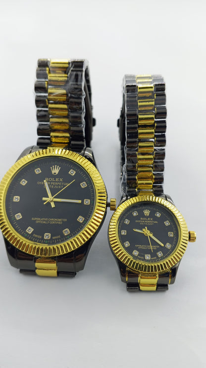 RLX His & Hers Couple Watch Set – Black & Gold Stainless Steel Analog Watches