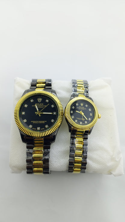 RLX His & Hers Couple Watch Set – Black & Gold Stainless Steel Analog Watches