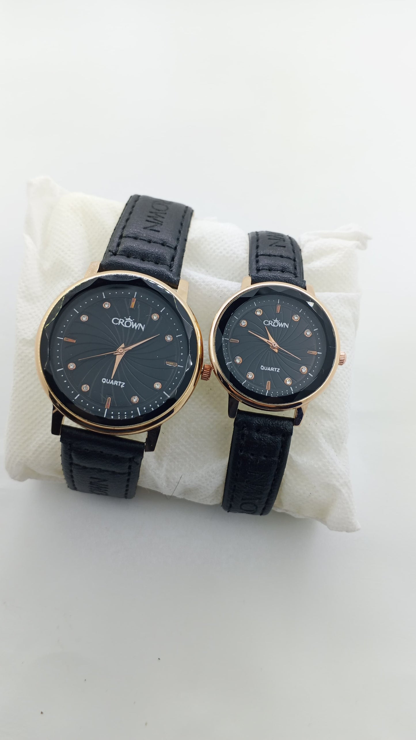 Crown Couple Watch Set – Rose Gold Black Dial with Premium Leather Strap