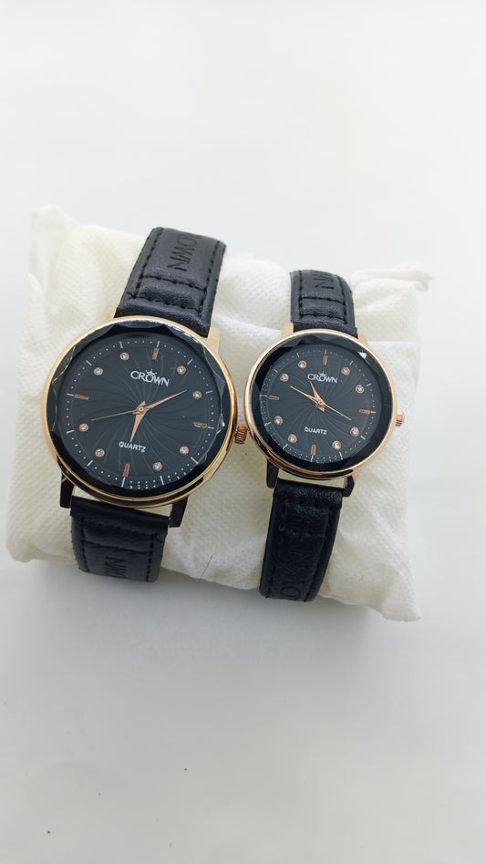 Crown Couple Watch Set – Rose Gold Black Dial with Premium Leather Strap